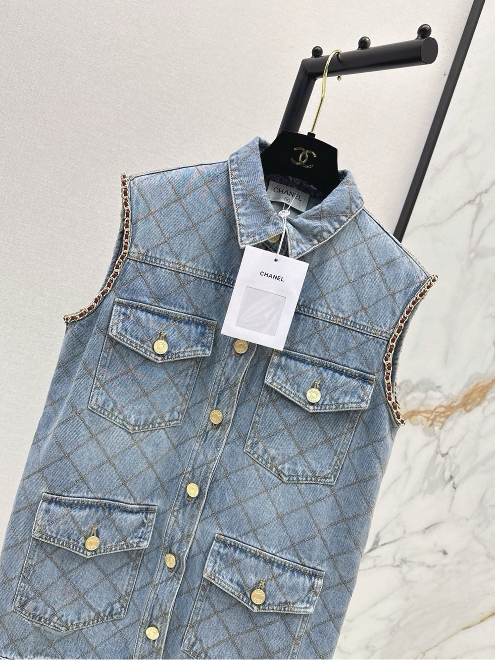 CHANEL Quilted Light Blue Denim Sleeveless Vest with Gold-Tone Buttons - Picture 3 of 9